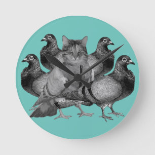 funny cat amongst the pigeons runde wanduhr