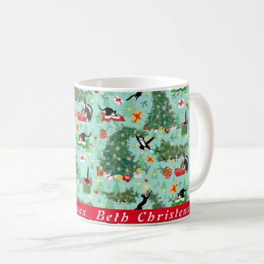 Funny Cat and Christmas Tree Custom Coffee Tasse (VorderseiteRechts)