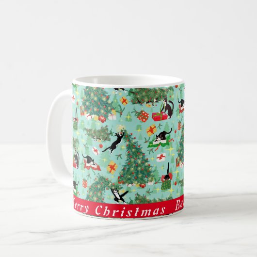 Funny Cat and Christmas Tree Custom Coffee Tasse (Vorderseite Links)