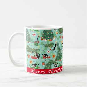 Funny Cat and Christmas Tree Custom Coffee Tasse