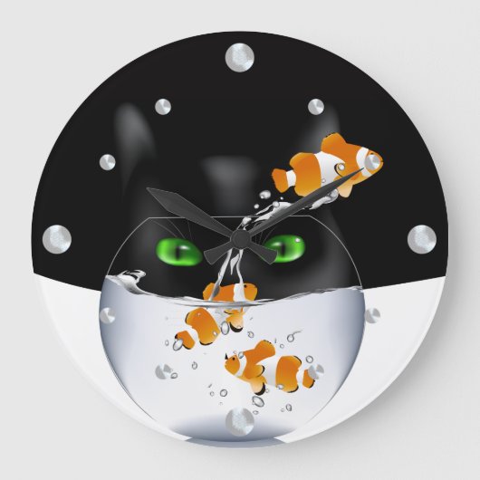 Funny Cat and Clownfish Wall Clock Große Wanduhr (Vorderseite)