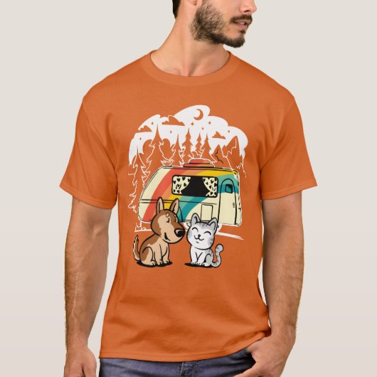 Funny Cat and Dog Camping with Friends Caravan fri T-Shirt (Vorderseite)