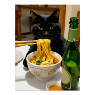 Funny Cat and Noodles Scene - Asian Food Humor Poster