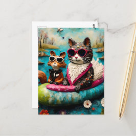 Funny Cat and Squirrel Float Trip Postkarte