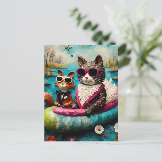 Funny Cat and Squirrel Float Trip Postkarte (Stehend Vorderseite)