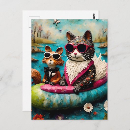 Funny Cat and Squirrel Float Trip Postkarte (Vorne/Hinten)
