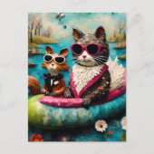 Funny Cat and Squirrel Float Trip Postkarte (Vorderseite)