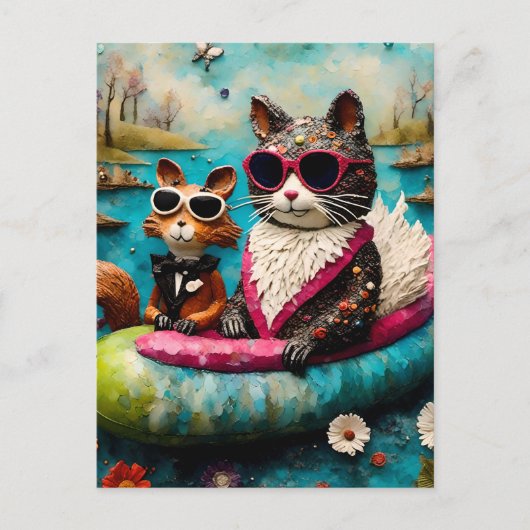 Funny Cat and Squirrel Float Trip Postkarte (Vorderseite)