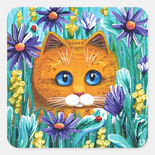 Funny Cat Art Orange Tabby Blume Quadratischer Aufkleber (Vorderseite)