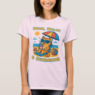 Funny Cat Beach T - Shirt - Paws, Relax & Sunbathe