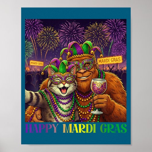 Funny Cat Bigfoot Selfie Mardi Gras Carnival Party Poster (Vorne)