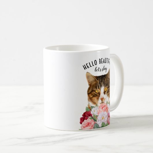 Funny Cat Blume Hello Beautiful Kaffeetasse (VorderseiteRechts)