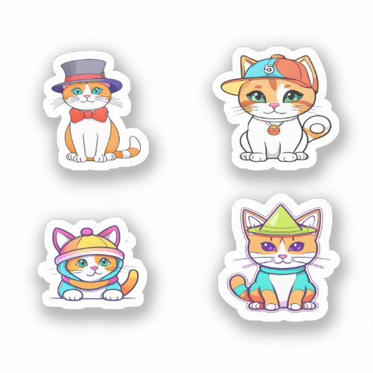 Funny Cat Cartoon Art 4 Pack Stickers Aufkleber (Vorderseite)