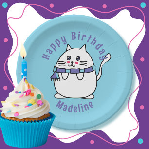 Funny Cat Cartoon Blau Personalisiert Geburtstag Pappteller