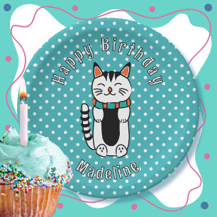 Funny Cat Cartoon Türkis White Dot Geburtstag Pappteller