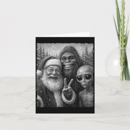Funny Cat Christmas Bigfoot Alien Santa Snow Selfi Karte (Vorderseite)