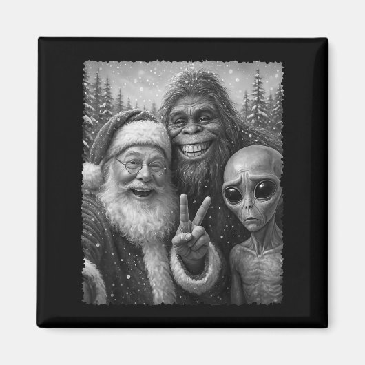 Funny Cat Christmas Bigfoot Alien Santa Snow Selfi Magnet (Vorne)