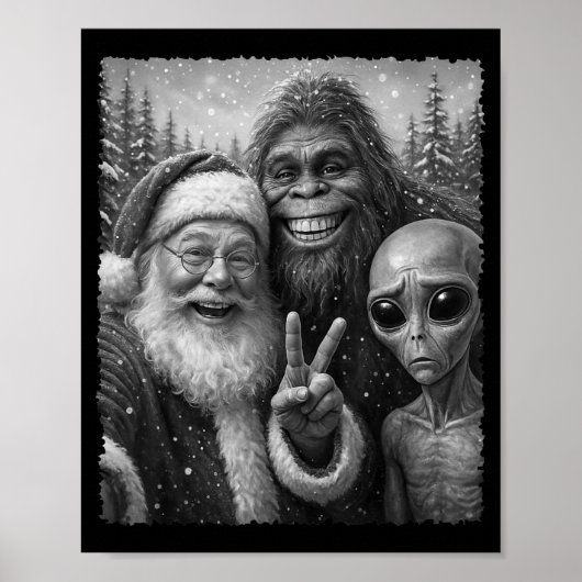 Funny Cat Christmas Bigfoot Alien Santa Snow Selfi Poster (Vorne)