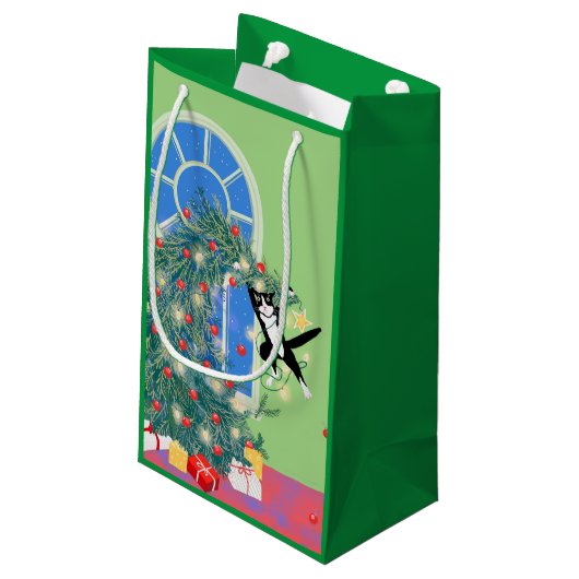 Funny Cat Christmas Tree Kleine Geschenktüte (Rückseite Schrägansicht)