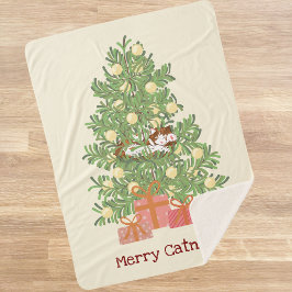 Funny Cat & Christmas Tree Merry Catnaps! Creme Sherpadecke