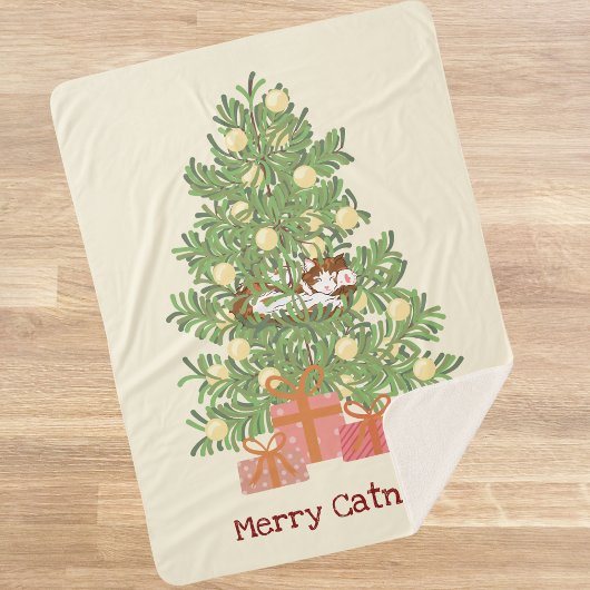 Funny Cat & Christmas Tree Merry Catnaps! Creme Sherpadecke