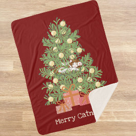 Funny Cat & Christmas Tree Merry Catnaps! Rot Sherpadecke