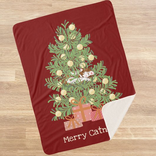Funny Cat & Christmas Tree Merry Catnaps! Rot Sherpadecke