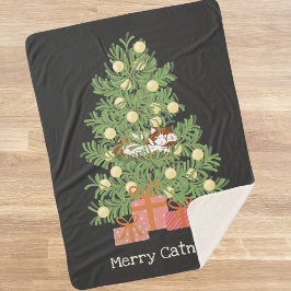 Funny Cat & Christmas Tree Merry Catnaps! Schwarz Sherpadecke