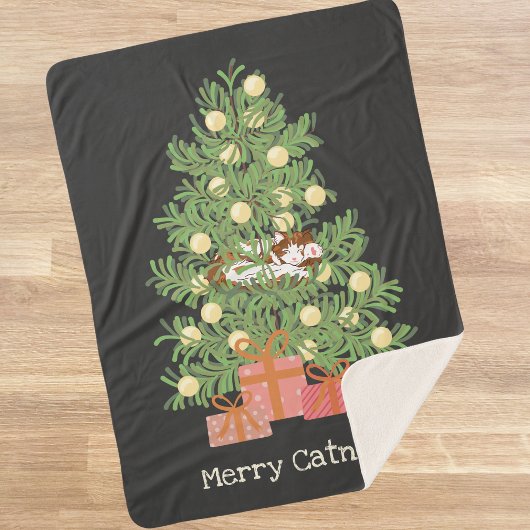 Funny Cat & Christmas Tree Merry Catnaps! Schwarz Sherpadecke