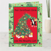 Funny Cat Christmas Tree Trouble Holiday Karte (Vorderseite)