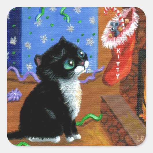 Funny Cat Christmas Tuxedo Kitten Maus Quadratischer Aufkleber (Vorderseite)