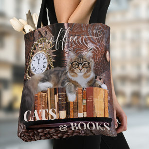 Funny Cat Coffee and Books Tote Bag Tasche
