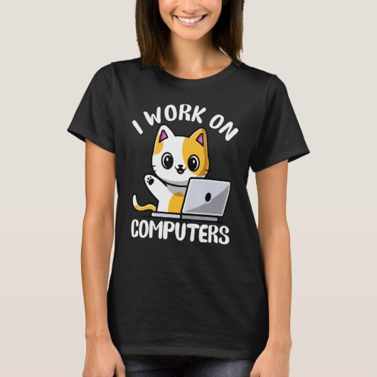 Funny Cat Computer Laptop Ich arbeite an Computern T-Shirt (Vorderseite)