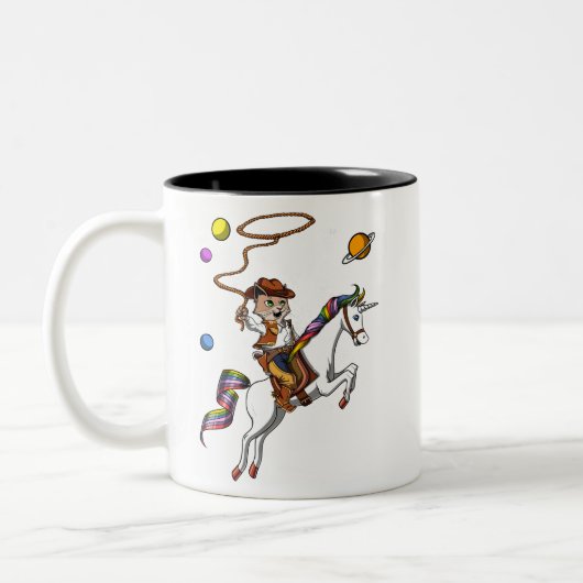 Funny Cat Cowboy Reiten Einhorn Weltraum Zweifarbige Tasse (Links)