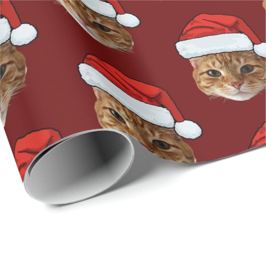 Funny Cat Custom Face Foto Weihnachtsmannmütze Wei Geschenkpapier (Rolleneckpunkt)