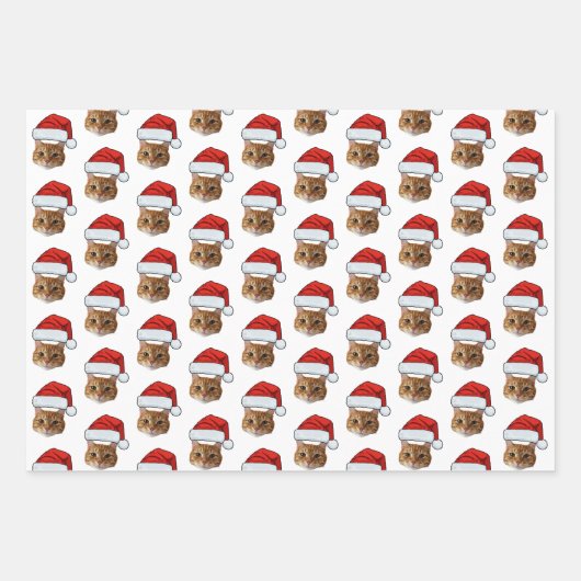 Funny Cat Custom Face Foto Weihnachtsmannmütze Wei Geschenkpapier Set (Vorderseite)