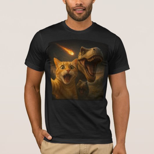 Funny Cat Dino Selfie Meteor Meme Surreal Apocalyp T-Shirt (Vorderseite)