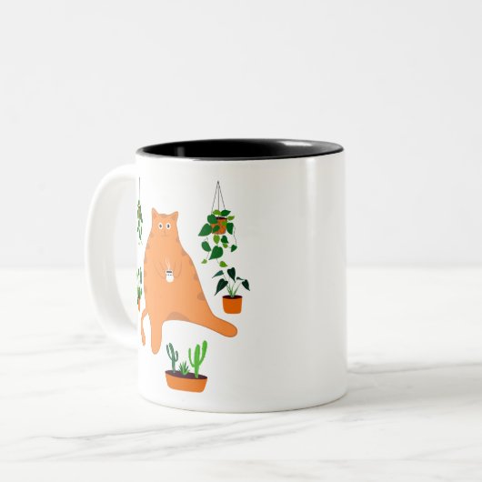 Funny Cat Drink Kaffee Tasse, Katze mit Pflanze Zweifarbige Tasse (Vorderseite Links)