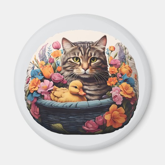 Funny Cat & Duck in einem Korb mit Blume Magnet (Vorne)