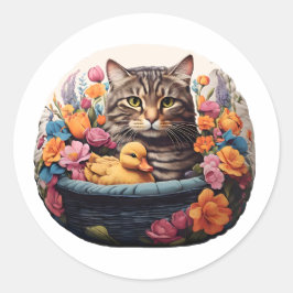 Funny Cat & Duck in einem Korb mit Blume Runder Aufkleber