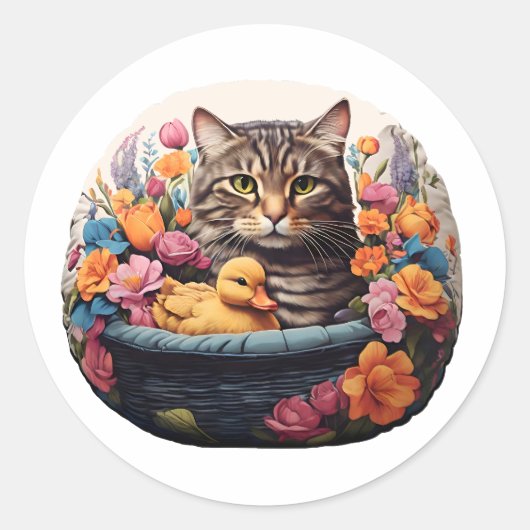 Funny Cat & Duck in einem Korb mit Blume Runder Aufkleber (Vorderseite)