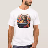 Funny Cat & Duck in einem Korb mit Blume T-Shirt (Vorderseite)