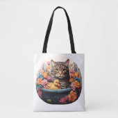 Funny Cat & Duck in einem Korb mit Blume Tasche (Vorderseite)