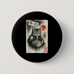 Funny Cat Eating Ramen Noodles Sumi-e Japanisch Ka Button