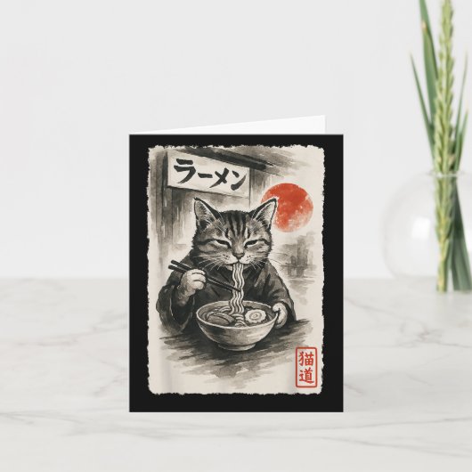 Funny Cat Eating Ramen Noodles Sumi-e Japanisch Ka Karte (Vorderseite)