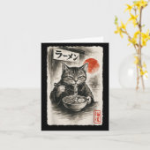 Funny Cat Eating Ramen Noodles Sumi-e Japanisch Ka Karte (Gelbe Blume)