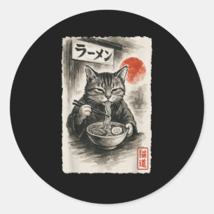 Funny Cat Eating Ramen Noodles Sumi-e Japanisch Ka Runder Aufkleber