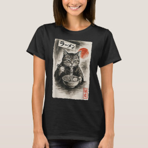 Funny Cat Eating Ramen Noodles Sumi-e Japanisch Ka T-Shirt