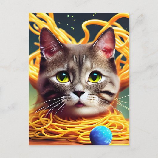 Funny Cat Eating Spaghetti Postcard Postkarte (Vorderseite)