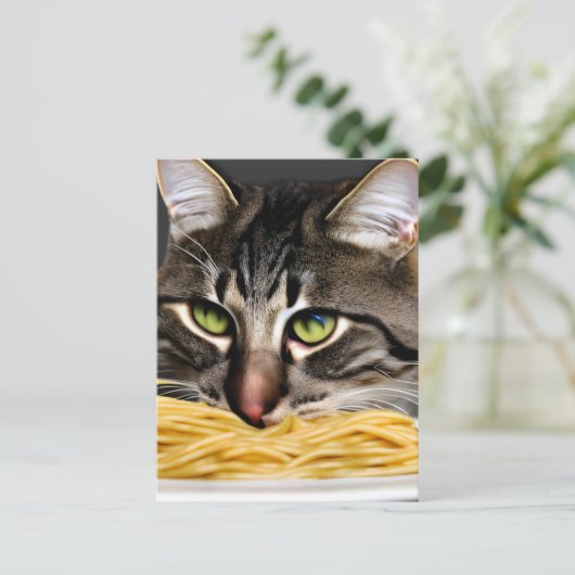 Funny Cat Eating Spaghetti Postkarte (Stehend Vorderseite)